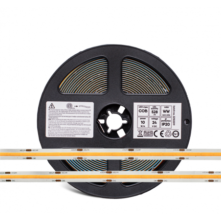 Ruban LED COB lumière continue 10W/m 24V Blanc chaud IP20 5m L&D Line
